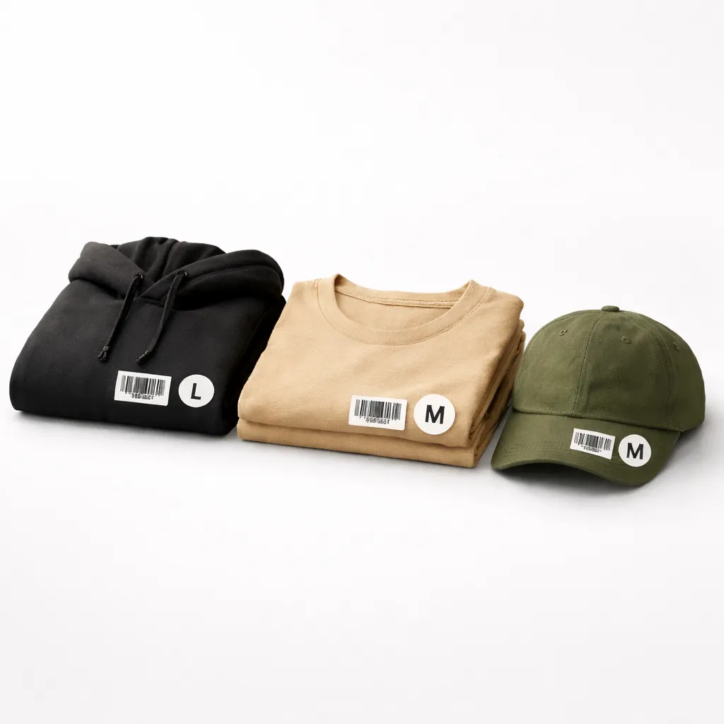 Folded apparel products with size labels and barcode stickers arranged on a warehouse table.